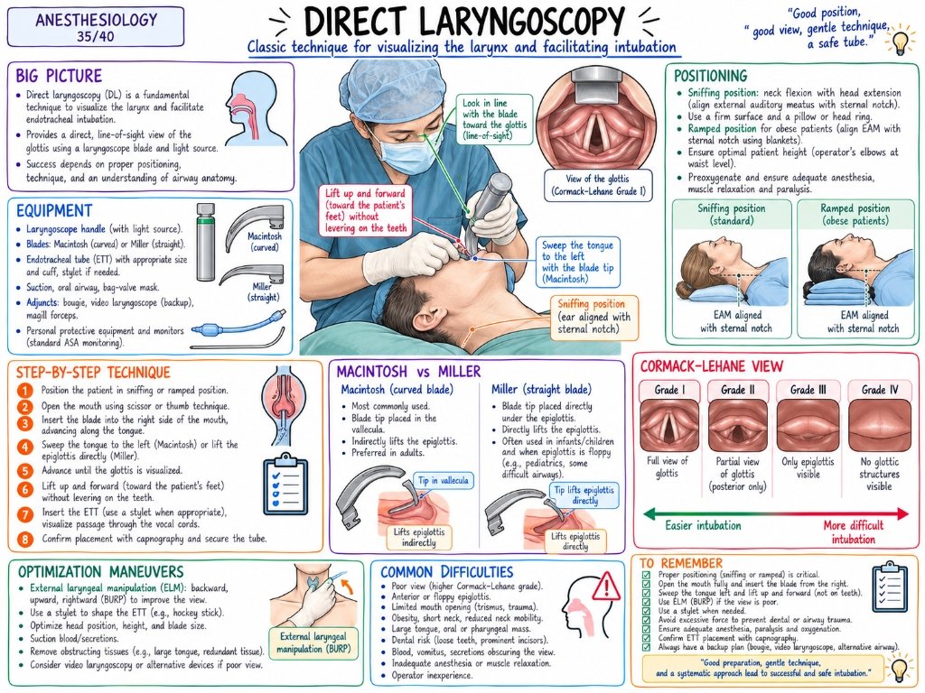 Direct Laryngoscopy โ Classic technique for visualizing the larynx and facilitating intubation